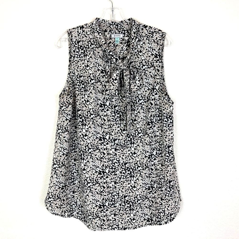 Susina Women's Top Size XL Brown Black Geometric Bow Collar over V-Neck Office